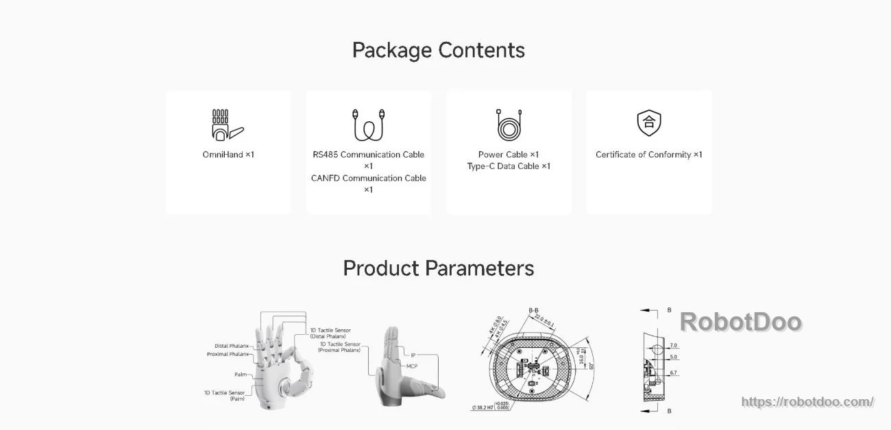 AGIBOT OmniHand package contents and product parameter drawings with CANFD/RS485 cable and Type‑C cable