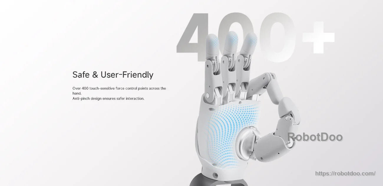Safety-oriented dexterous hand design highlighting 400+ touch-sensitive force control points (tactile version)