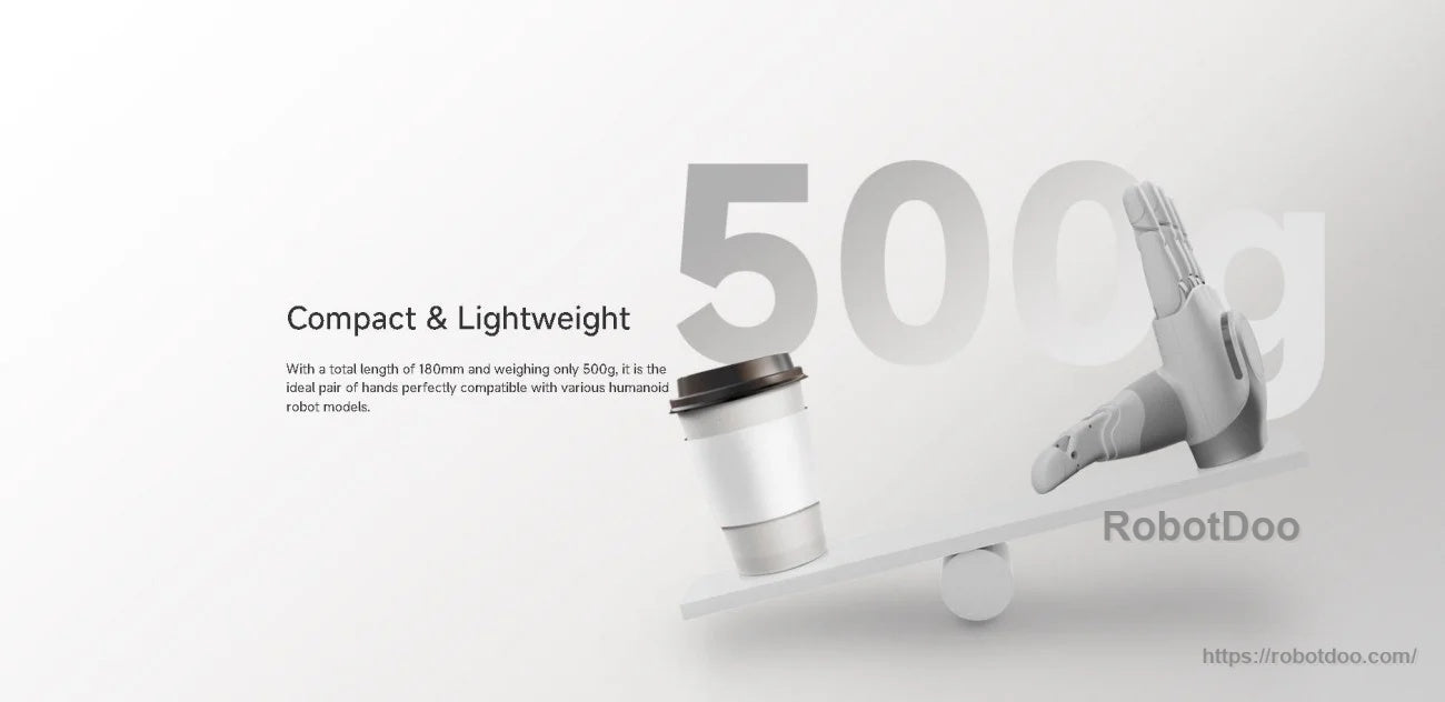 Compact and lightweight robotic hand design highlighting ~500 g class weight for robot integration