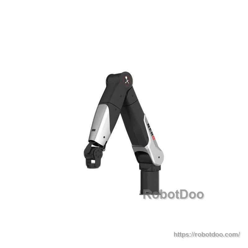 Front three-quarter view of the robotic arm showing joint housings, base column, and gripper