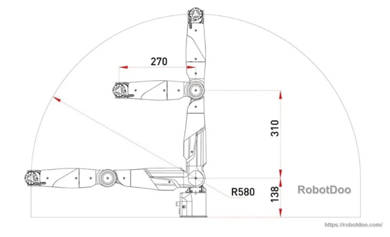 Technical reach and envelope drawing with R580 reach radius and dimension callouts