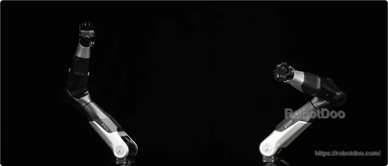 AgileX NERO robot arm in two poses on a black background, highlighting range of motion