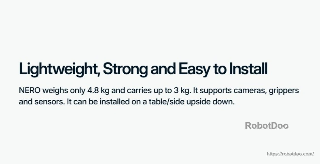 Text slide: Lightweight, strong and easy to install; 4.8 kg arm, up to 3 kg payload; table, side or upside-down mounting