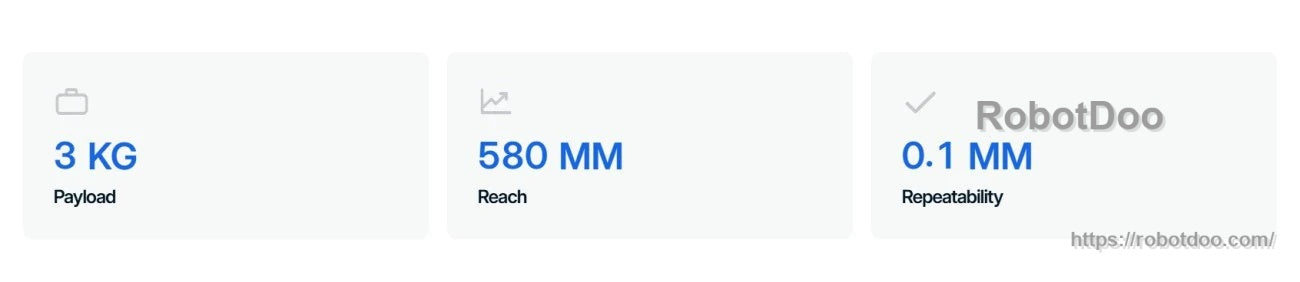 Performance highlights: 3 kg payload, 580 mm reach, 0.1 mm repeatability