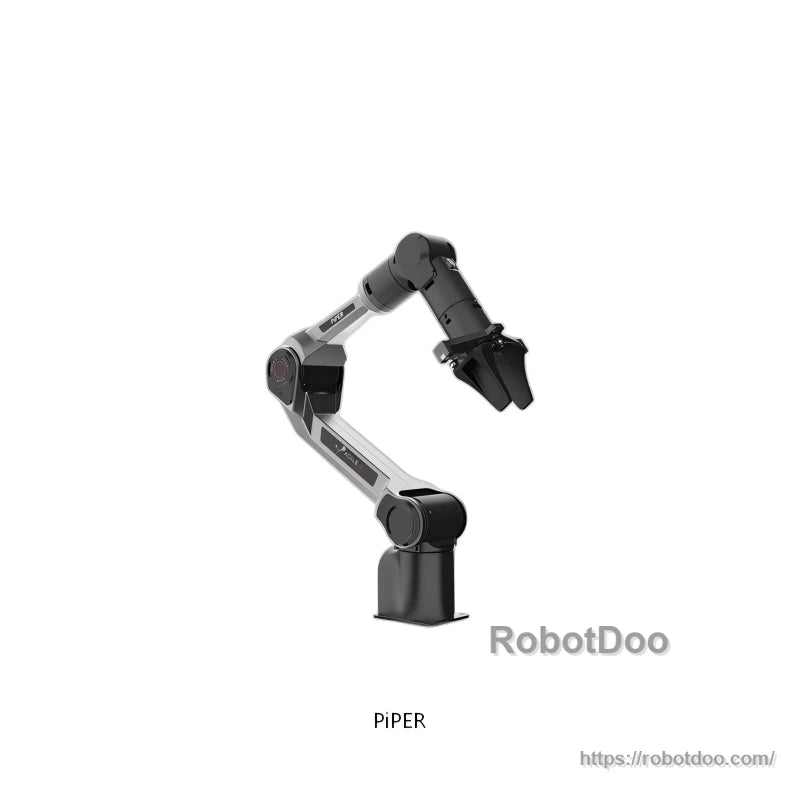 AgileX PiPER robot arm angled view with parallel gripper attached, compact desktop manipulator