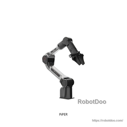 AgileX PiPER robot arm angled view with parallel gripper attached, compact desktop manipulator