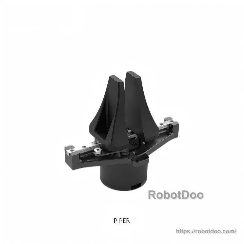 PiPER two-finger parallel gripper end effector, top view with mounting rail and hardware