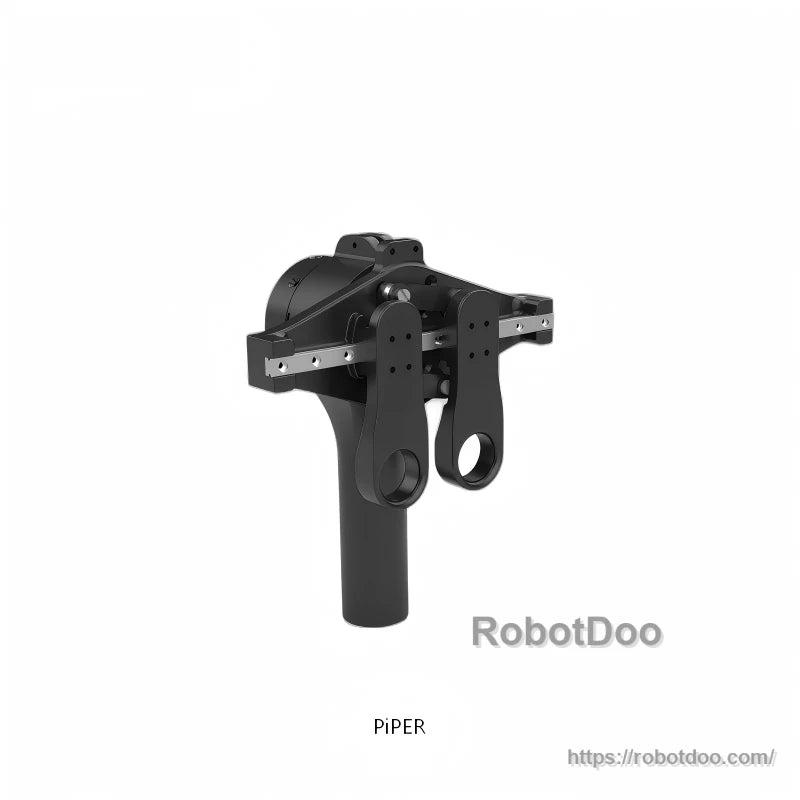 PiPER end effector assembly with dual linkage arms and mounting bracket, angled view