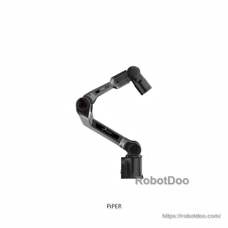 AgileX PiPER robot arm side view in raised elbow pose, end effector mount shown