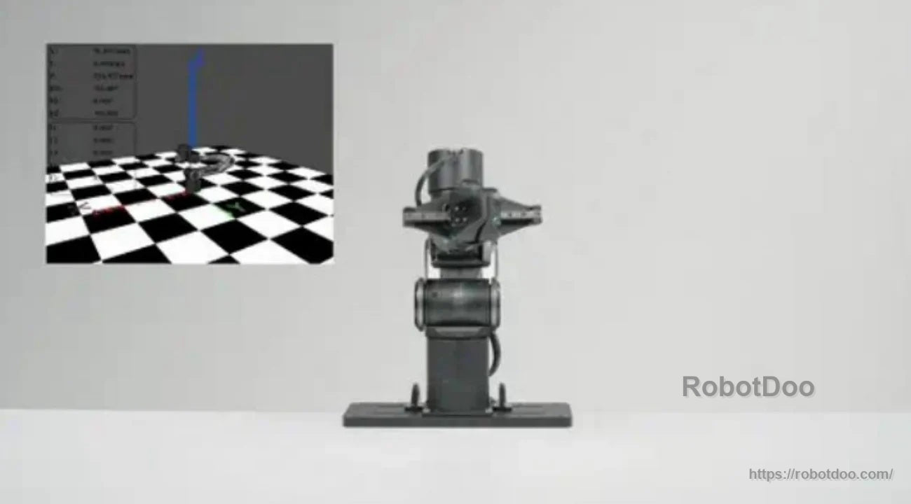 AgileX PiPER robotic arm on a mounted base, with a small software view inset on a checkerboard grid