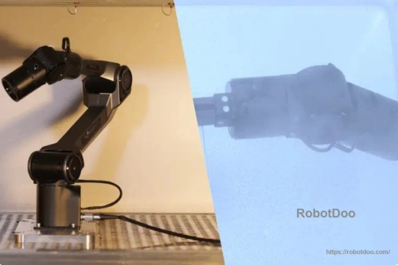 PiPER robotic arm mounted on a work surface, split-view with a tinted overlay highlighting the wrist/end effector