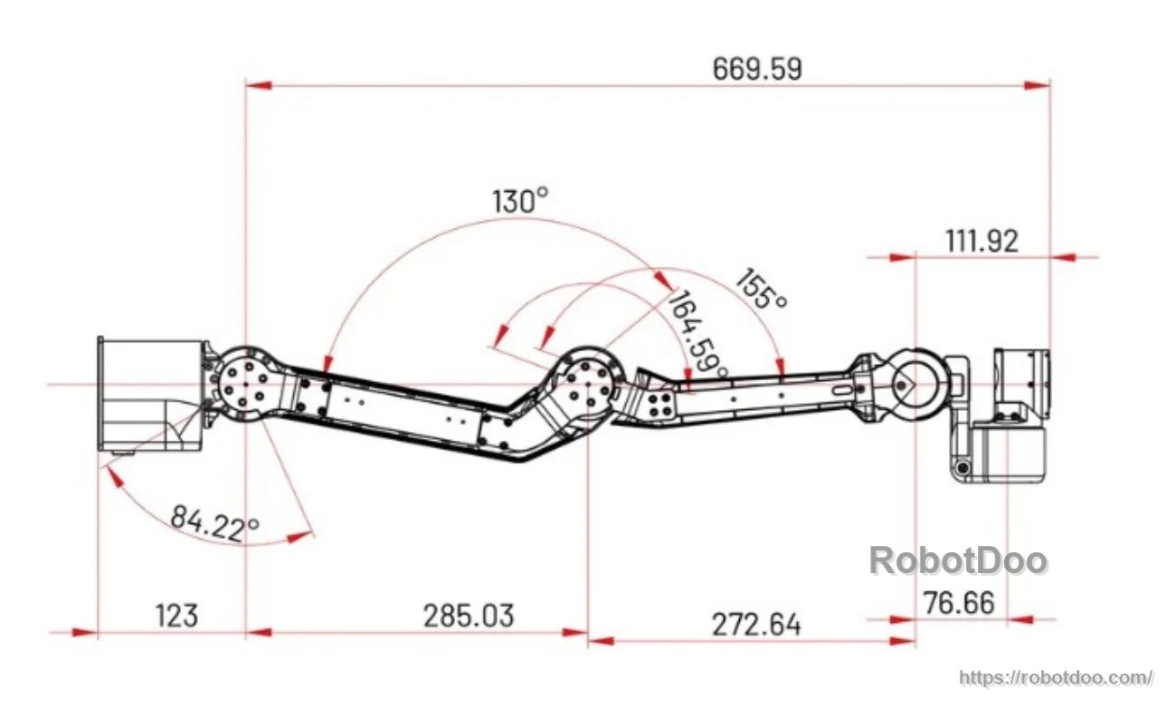 Dimensioned side-view drawing of AgileX PiPER 6-DOF robot arm with 669.59 mm reach and joint angle ranges.