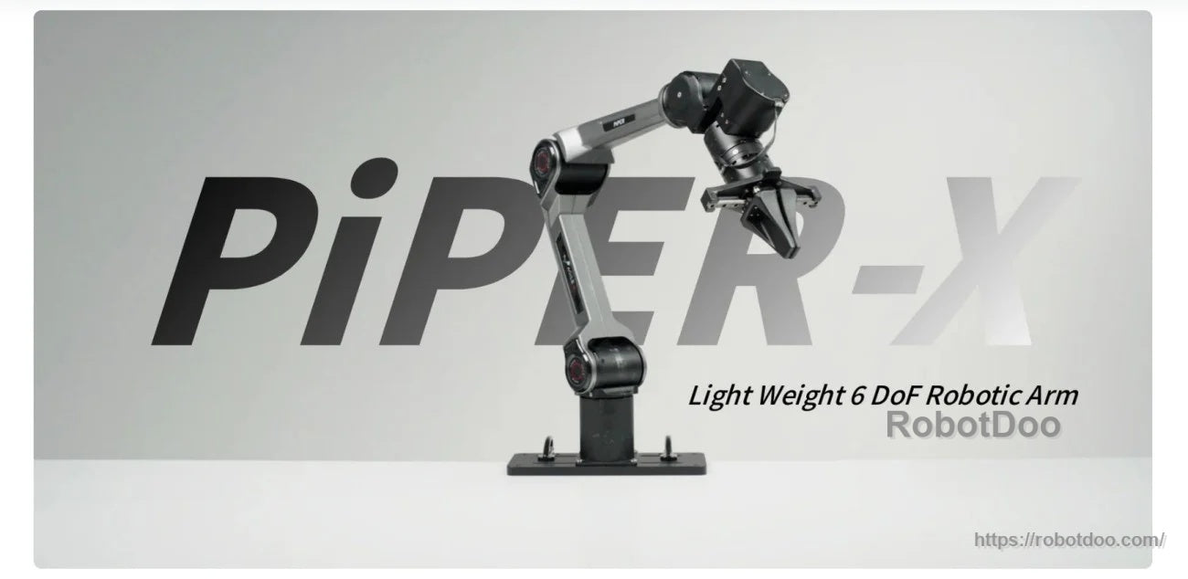 AgileX PiPER X 6-DOF robot arm product hero on a studio background with PiPER-X branding