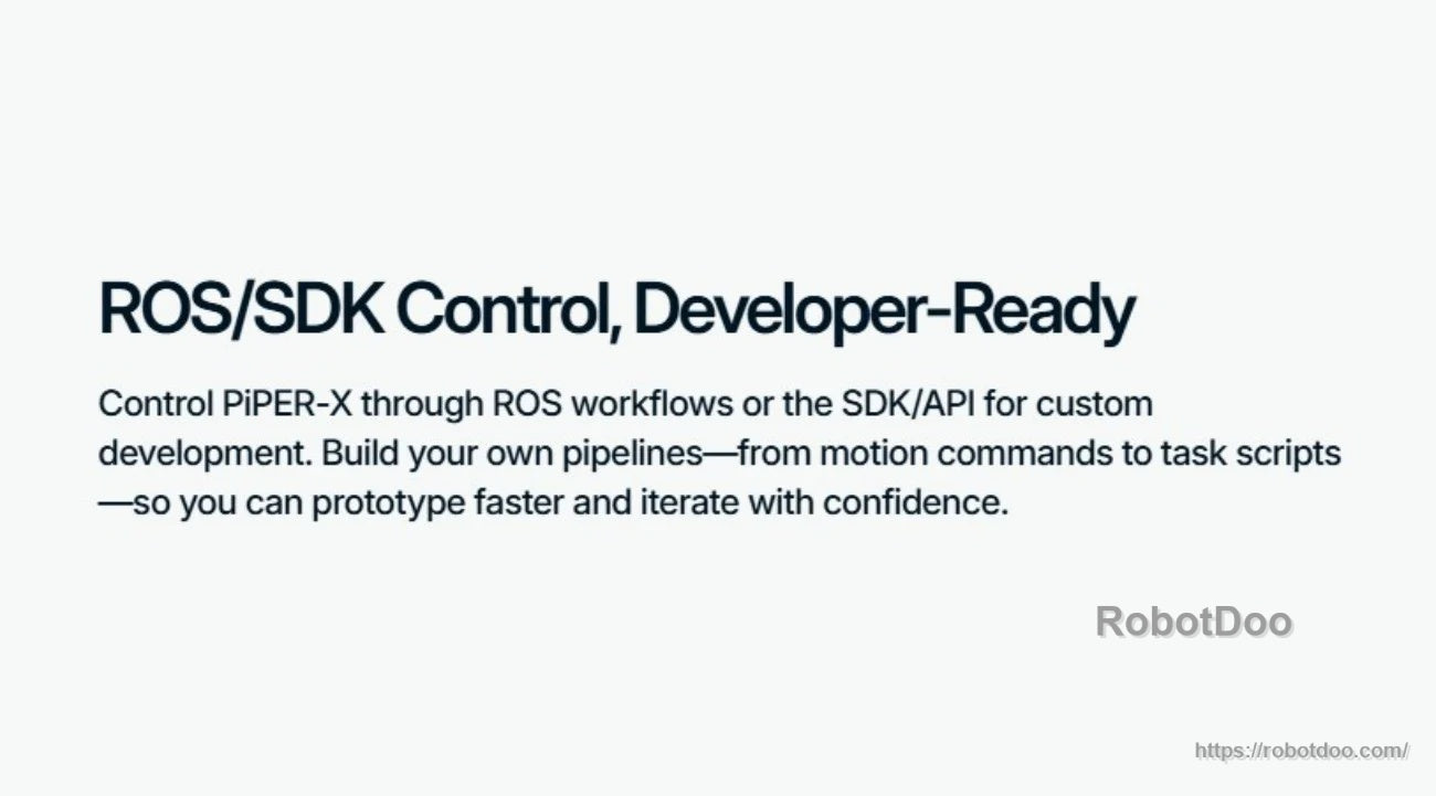 Text banner for AgileX PiPER/PiPER-X 6-DOF robot: ROS/SDK control, developer-ready with SDK/API workflows