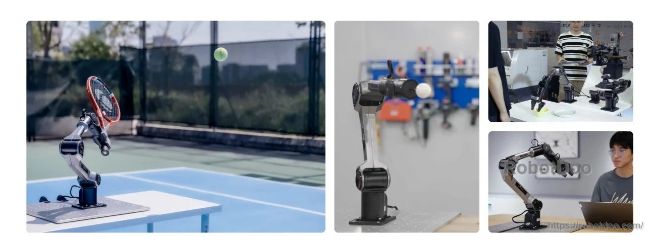 Application collage of PiPER robotic arm performing tasks in sports, lab, and desktop test environments