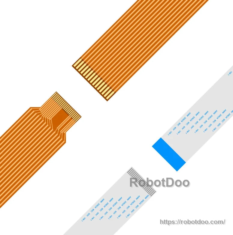 Close-up of ribbon cable contact ends and blue-tabbed cable connector