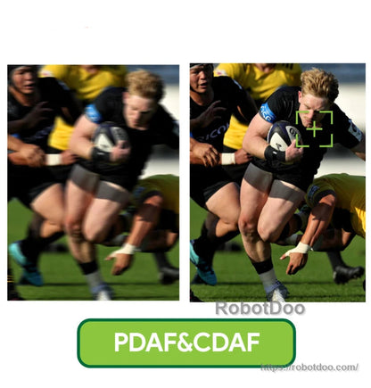 PDAF and CDAF autofocus comparison showing blurred and focused moving rugby player images