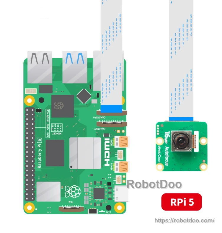 Arducam autofocus camera module connected to a Raspberry Pi 5 board