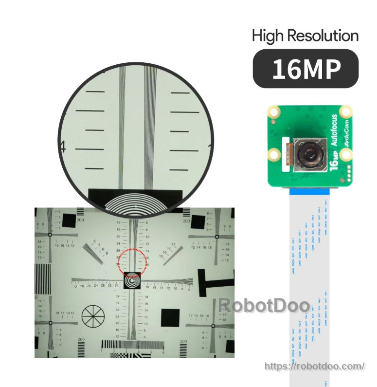 16MP camera module resolution test chart with enlarged detail view