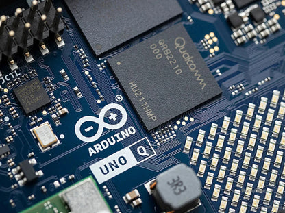 Close-up of Qualcomm Dragonwing QRB2210 chip on the Arduino UNO Q development board