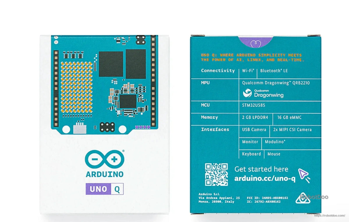 Arduino UNO Q box rear specification panel listing connectivity, processors, memory and interfaces