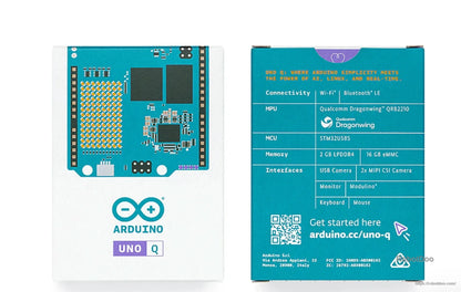 Arduino UNO Q box rear specification panel listing connectivity, processors, memory and interfaces