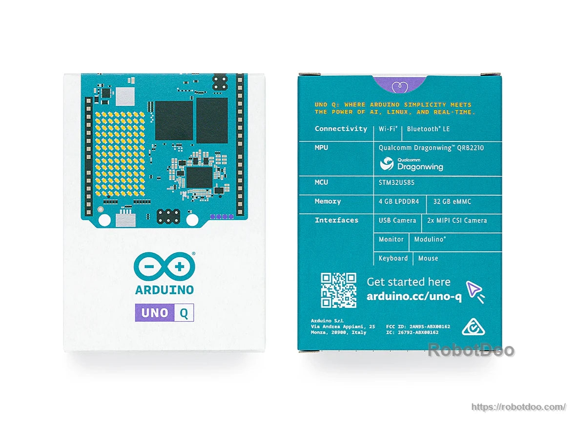 Arduino UNO Q retail box front and back with printed QRB2210, STM32U585 and memory specifications