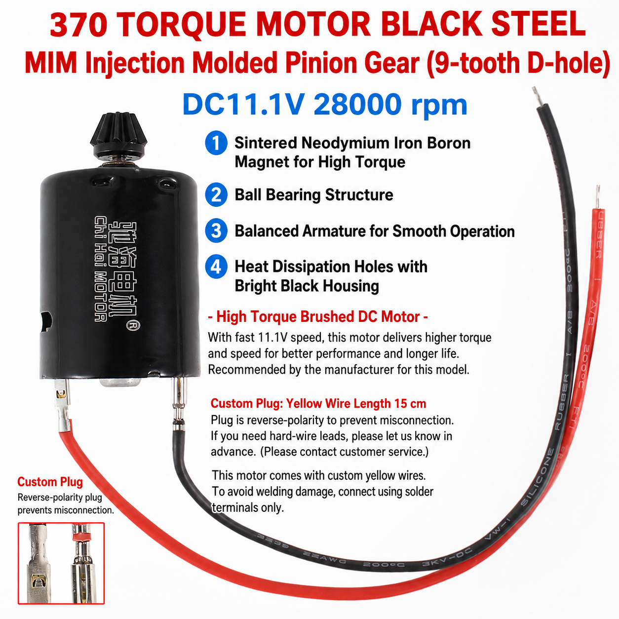 K370WD 370 Brushed DC Motor 11.1V High Torque High Speed Dual Ball Bearing Motor with NdFeB Magnet