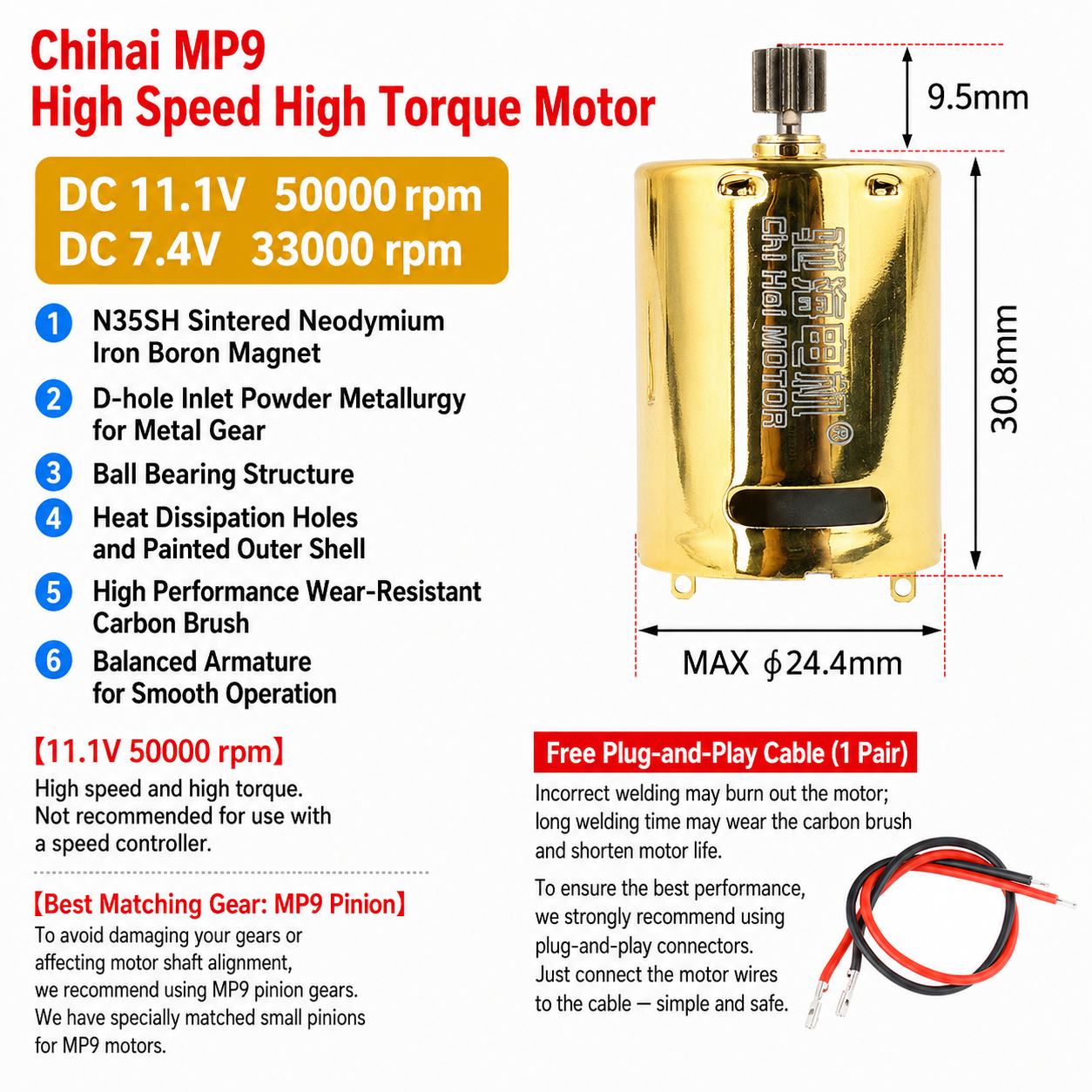 K370WD 370 Brushed DC Motor 11.1V High Torque High Speed Dual Ball Bearing Motor with NdFeB Magnet