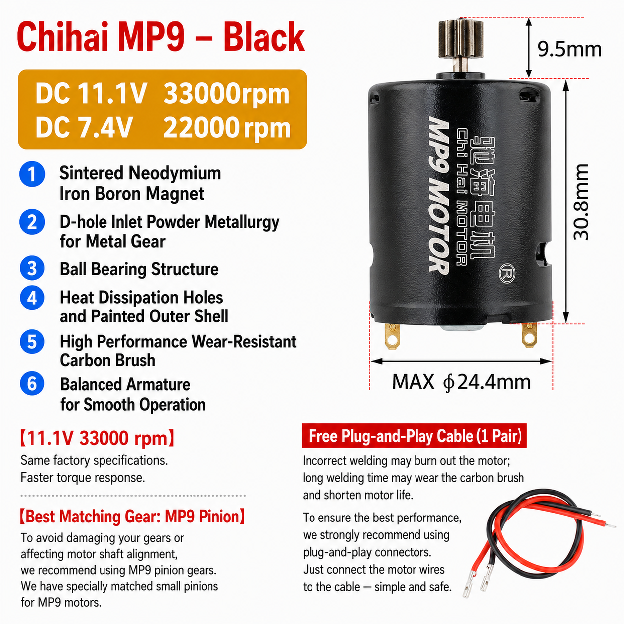 K370WD 370 Brushed DC Motor 11.1V High Torque High Speed Dual Ball Bearing Motor with NdFeB Magnet