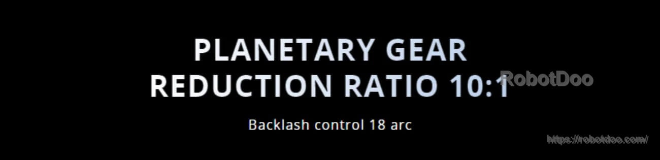 Text banner stating planetary gear reduction ratio 10:1 with backlash control to 18 arcmin