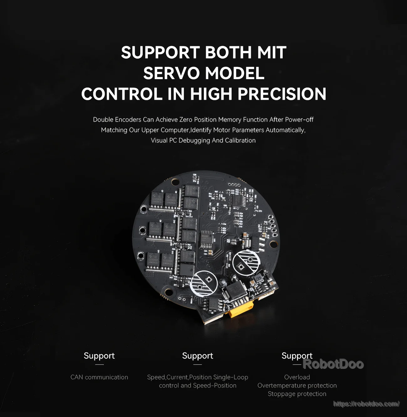 Back side of CubeMars V2.1 driver board highlighting MIT servo mode support, dual encoders, and protection features
