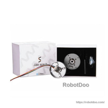 Boxed package contents with motor, wiring lead, and foam insert packaging shown