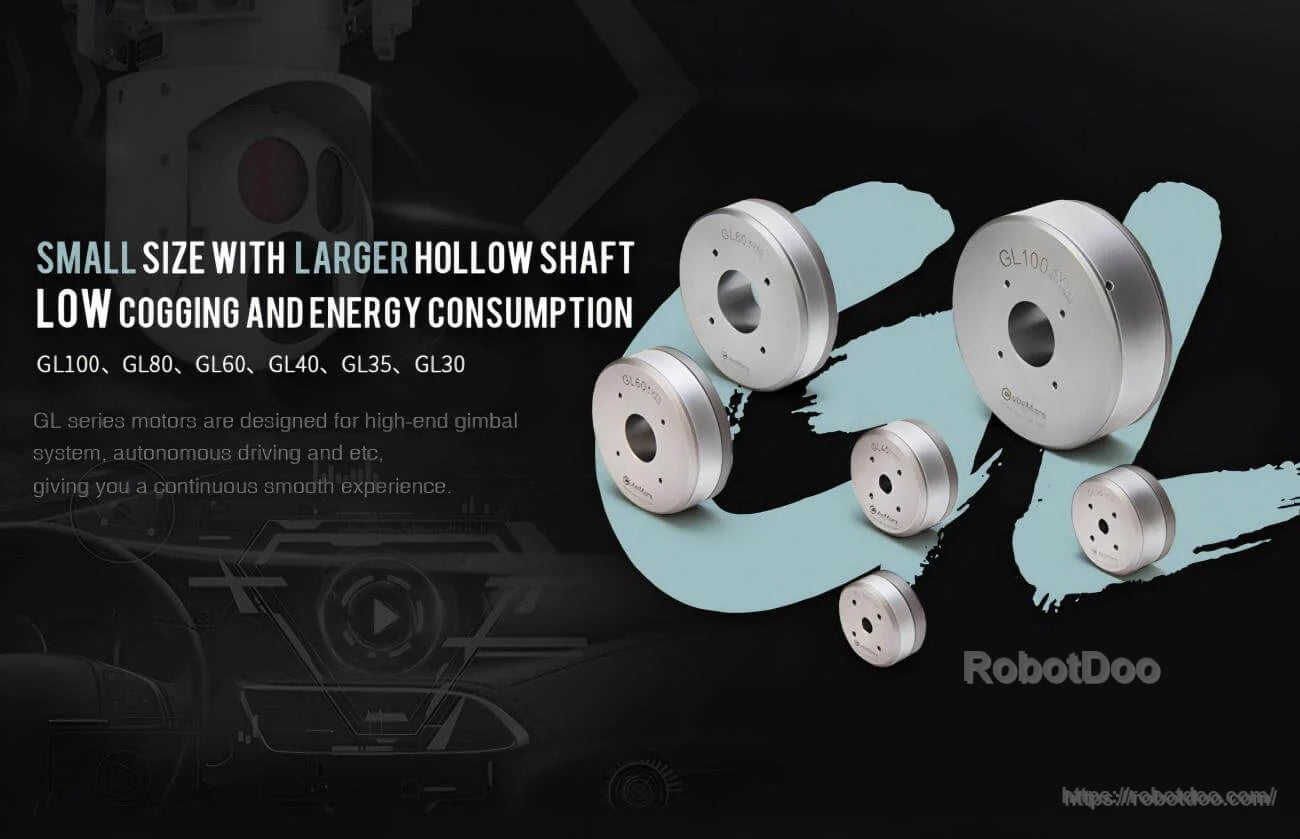 CubeMars GL30 Hollow-Shaft Motor lineup highlighting compact size and low-cogging design for gimbal use