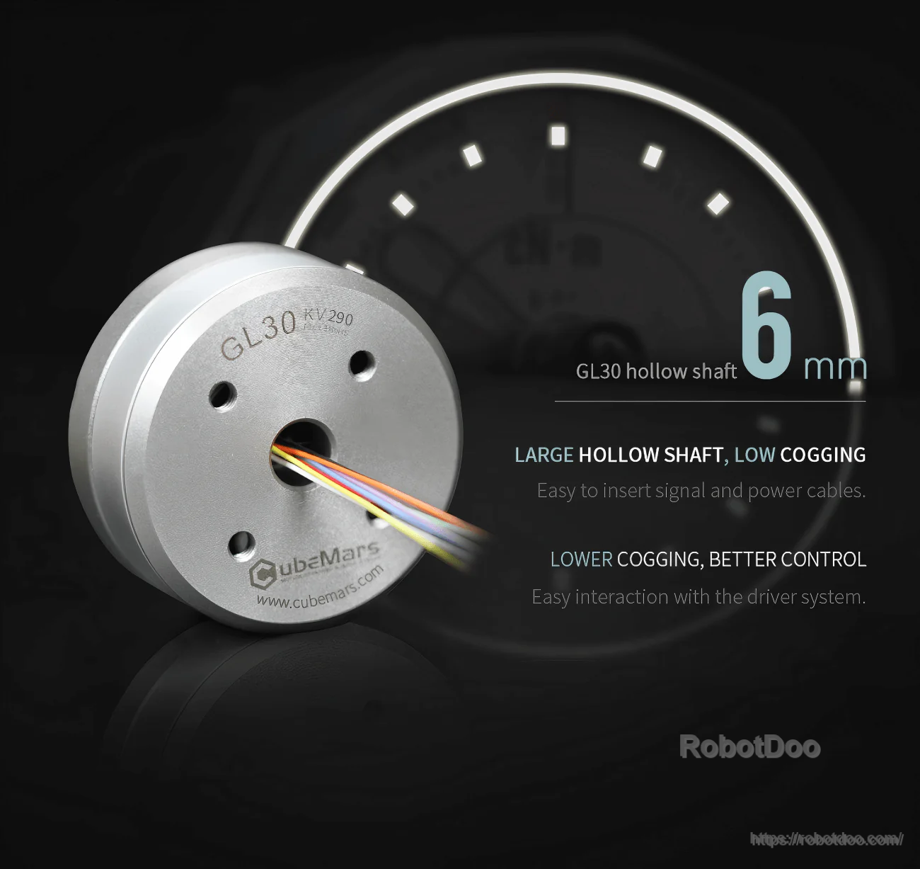 Close-up of GL30 motor face with 6 mm hollow shaft routing signal and power wires through the center bore