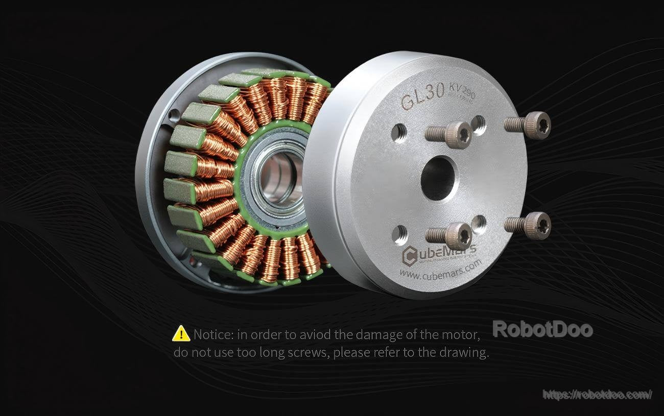 Exploded view of GL30 motor with mounting screws, highlighting installation note to avoid using overly long screws