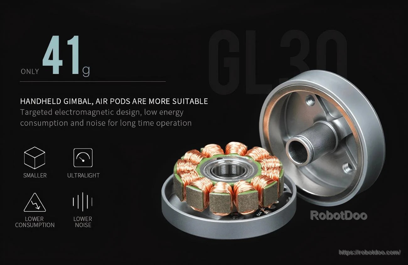 GL30 motor internal view with stator windings and rotor assembly, emphasizing lightweight construction (41 g)