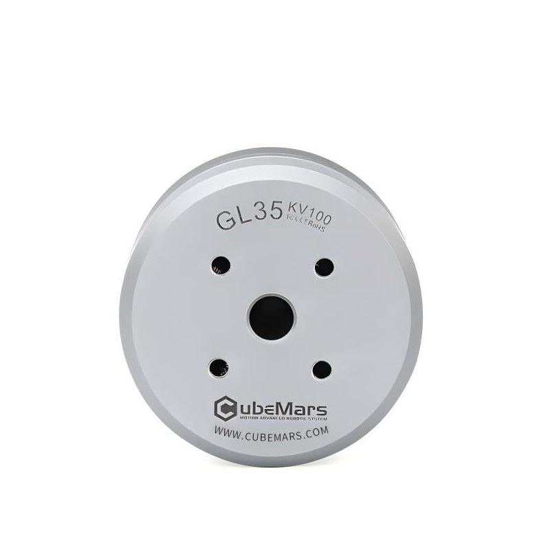 CubeMars GL35 motor front face with GL35 KV100 marking, 6 mm hollow shaft center bore