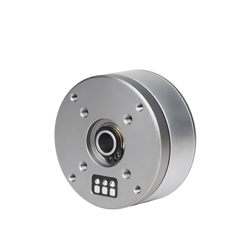 Rear mounting side of brushless gimbal motor with threaded holes, bearing hub, and connector pad