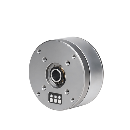 Rear mounting side of brushless gimbal motor with threaded holes, bearing hub, and connector pad