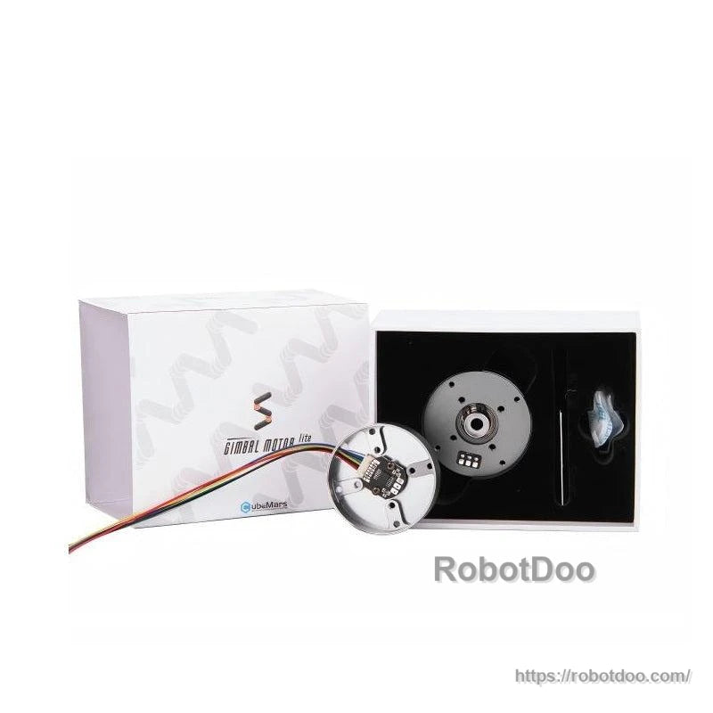 Retail packaging and box contents with gimbal motor, cable lead, and foam insert tray