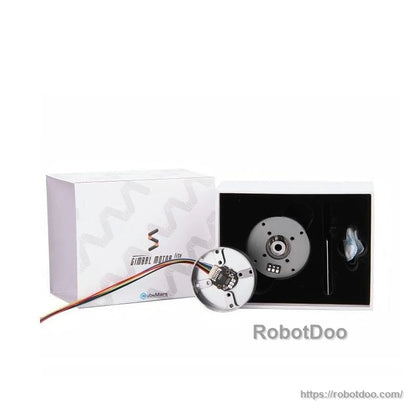 Retail packaging and box contents with gimbal motor, cable lead, and foam insert tray