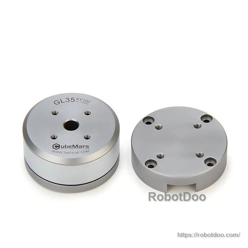 Motor with separate round mounting plate shown side by side, both with multiple screw holes