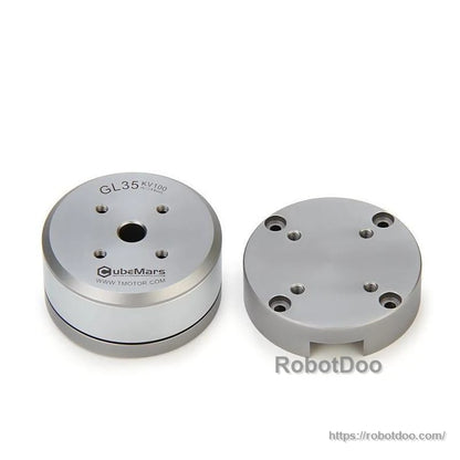 Motor with separate round mounting plate shown side by side, both with multiple screw holes