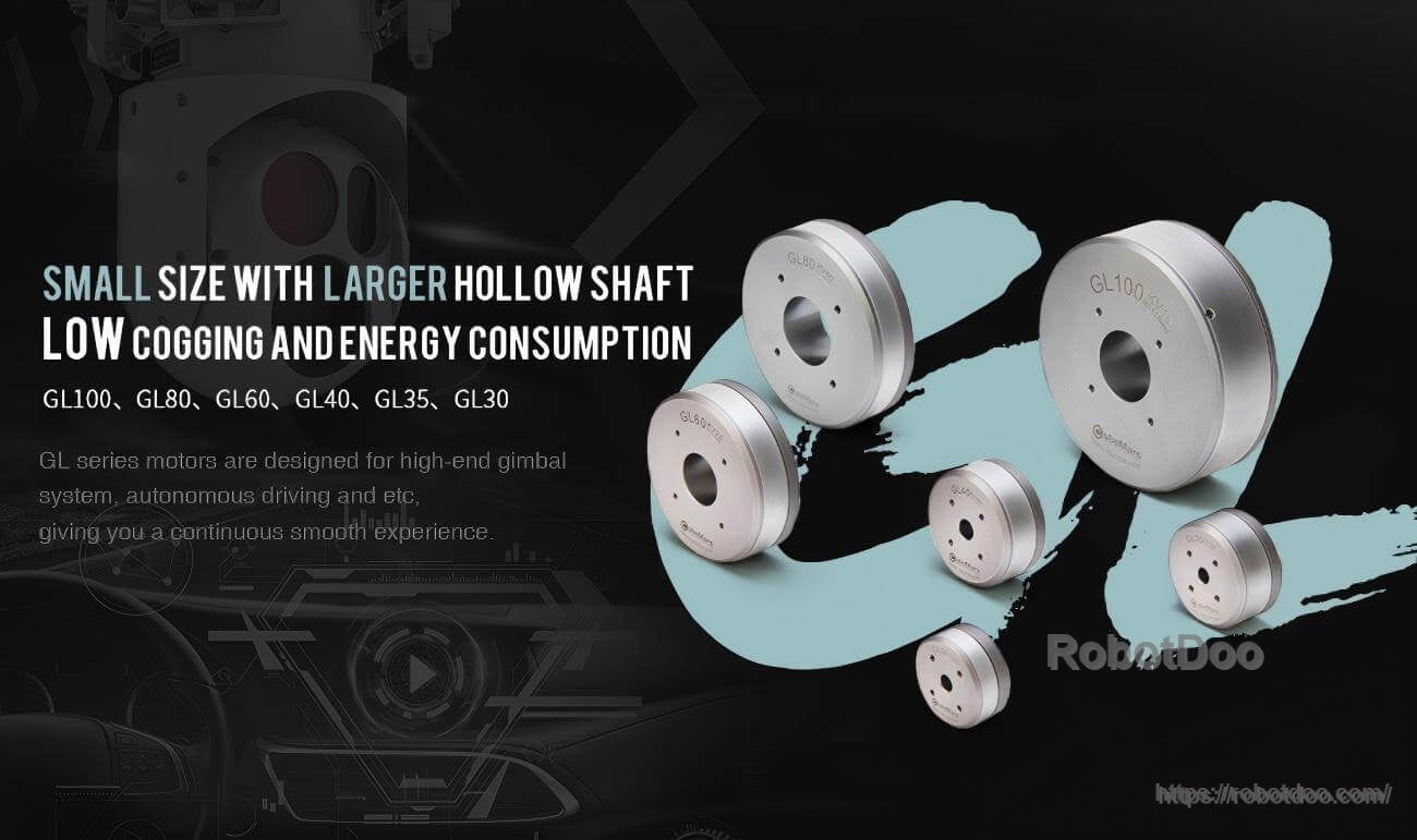 CubeMars GL35 motor family graphic highlighting compact size, larger hollow shaft, low cogging and low energy use