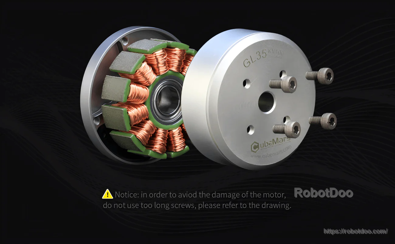 GL35 motor close-up with screws and caution about using screws that are too long to prevent damage