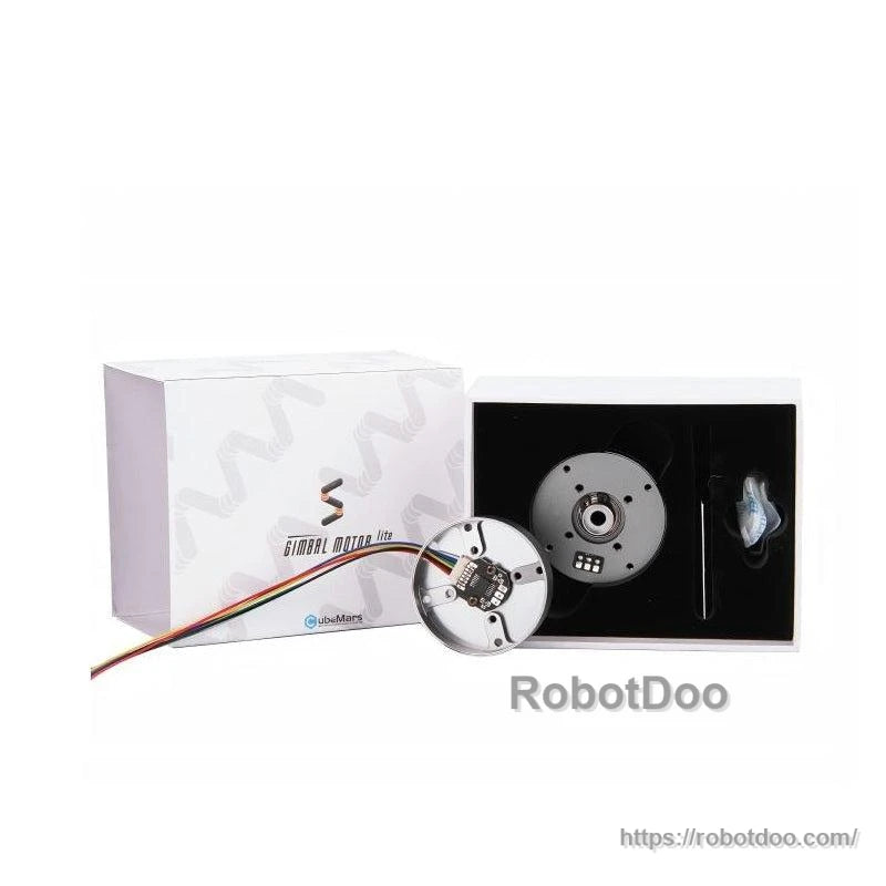 CubeMars GL40 Hollow Shaft Motor packaging with product box, motor, and included cable/accessory