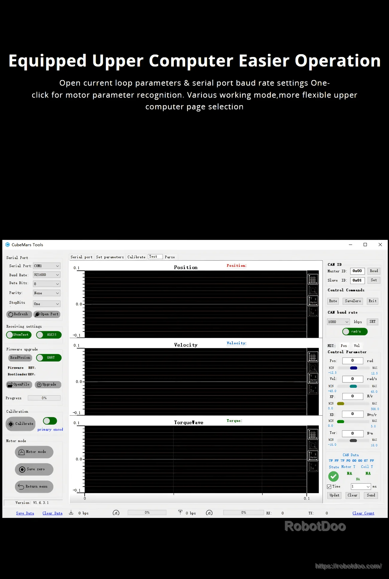 Upper computer software interface for GL40 II motor setup, parameter recognition, and mode selection