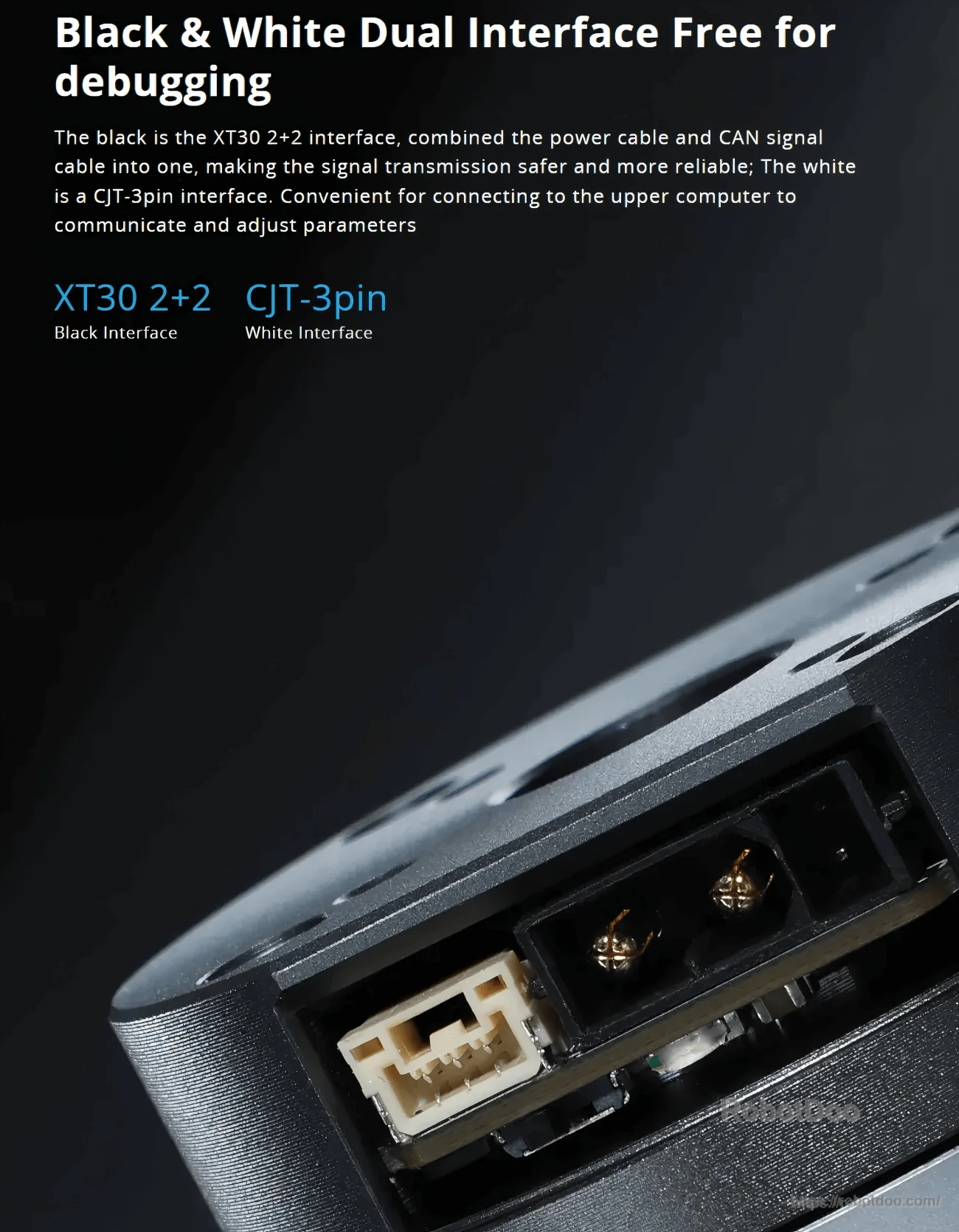 Close-up of GL40 II dual debugging interfaces: XT30 2+2 black port and CJT-3pin white port