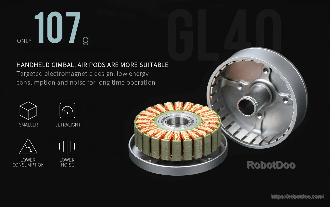 GL40 motor internal structure with stator windings and lightweight housing emphasizing 107 g ultralight build